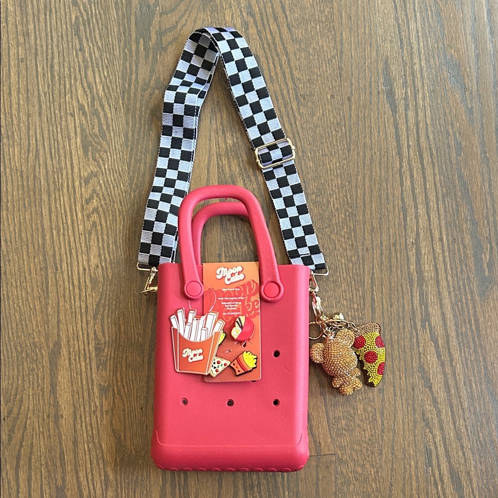 Moon Cake Mini Travel Tote with Checkered Strap and Pizza Charms